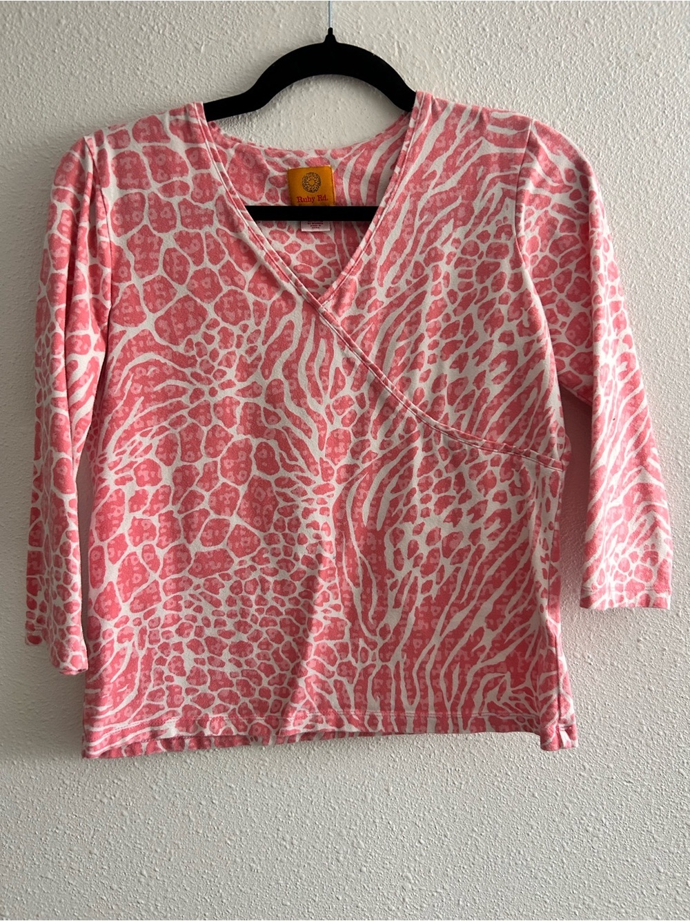Ruby Rd. Pink and White Animal-Print Wrap-Style Long Sleeve Top